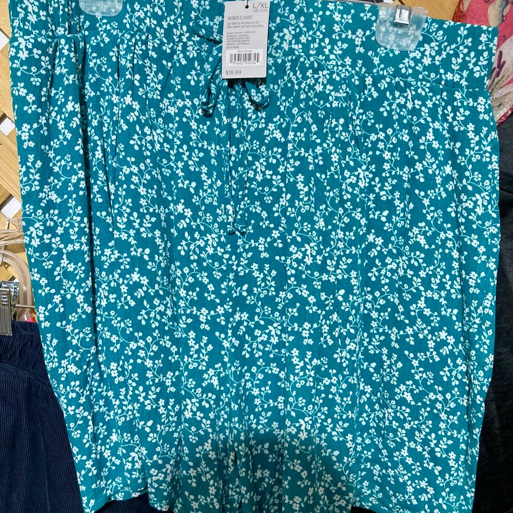Floral Teal Shorts Tie-String Waist